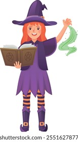 Magic spell book in witch hands. Witchcraft character isolated on white background