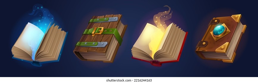 Magic spell books, fantasy alchemy grimoires, closed and open wizard diary with mysterious glow and sparks. Witchcraft game ancient, volumes with esoteric recipes and enchantments, Cartoon vector set