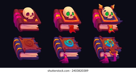 Libros de hechizos mágicos con símbolos de rangos de juego aislados en el fondo. Dibujo vectorial de volúmenes antiguos decorados con cráneo misterioso, símbolo antiguo sobre cubierta de cuero, literatura de alquimia