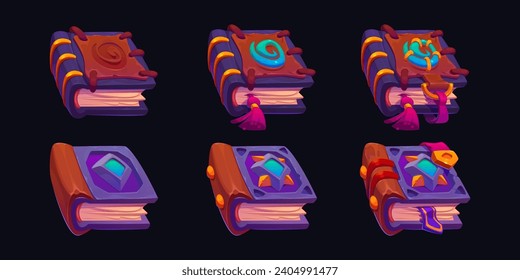 Zauberbücher mit Symbolen auf Spielebene einzeln auf dem Hintergrund. Vektorcartoon-Illustration alter Bände mit Rhombus-Kristall, altes Symbol auf Lederdecke, Alchemie-Literatur