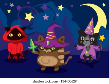 Magic Spell Cats Team / Set Nr. Three / Illustration of cat cartoon characters in wizard outfit clothes. Three unique colorful designs with various features. Playful, funny, childish, silly...