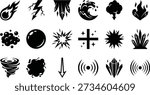 Magic spell and elemental effects icons vector set in black silhouette style, featuring fireball, lightning bolt, water wave, smoke cloud, flame burst, dust cloud, energy orb, starburst, cross heal, crystal shards, tornado, dark fog, falling arrow and sound waves, perfect for fantasy games, UI effects, comics and motion graphics.
