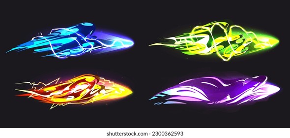 Magic spell game vfx light trail in neon green isolated on dark background. Magician witch energy effect with purple shine and sparkle vector cartoon ui kit. Fantasy cosmic vibrant wizard shape