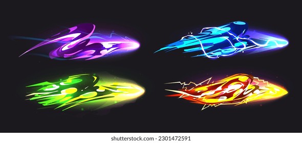 Magic spell game vfx light trail in neon green isolated on dark background. Magician witch energy effect with purple shine and sparkle vector cartoon ui kit. Fantasy cosmic vibrant wizard shape