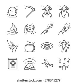 Magic And Spell Line Icon Set. Included The Icons As Wizard, Witch, Witchcraft, Magic Book, Voodoo, Broom And More.