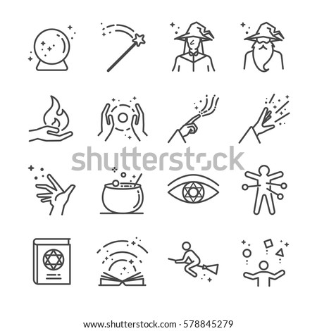 Magic and spell line icon set. Included the icons as wizard, witch, witchcraft, magic book, voodoo, broom and more.