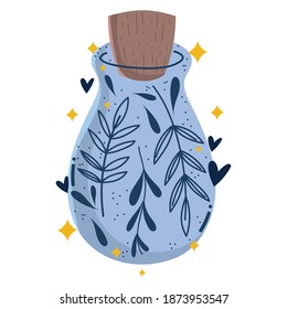 magic spell or potion bottle with foliage decoration vector illustration