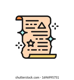 Magic spell scroll, unrolled paper certificate flat color line icon.