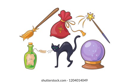 Magic and spell signs set, Halloween holiday magical elements, crystal ball, broom, potion bottle, black cat vector Illustration on a white background