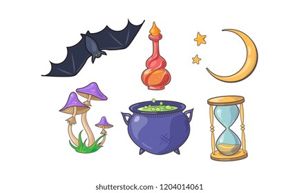 Magic and spell signs set, Halloween magical elements, potion bottle, crescent, cauldron, agaric mushrooms, hourglass, bat vector Illustration on a white background