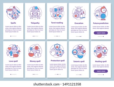 Magic spells onboarding mobile app page screen with linear concepts set. Witchcraft and enchantment walkthrough steps graphic instructions. UX, UI, GUI vector template with illustrations