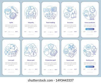 Magic spells onboarding mobile app page screen vector template. Witchcraft and sorcery walkthrough website steps with linear illustrations. UX, UI, GUI smartphone interface concept