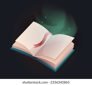 El concepto de libro abierto es magia. Magia y hechicería, misticismo e imaginación. Conocimiento e información. Plantilla, disposición y simulación. Ilustración vectorial isométrica de caricatura aislada en fondo negro