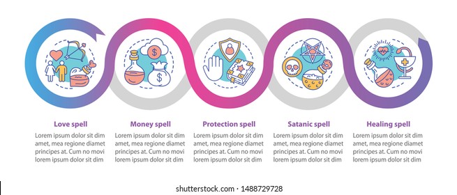 Magic spells vector infographic template. Business presentation design elements. Data visualization with five steps and options. Process timeline chart. Workflow layout with linear icons