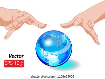 Magic sphere Crystal Ball blue planet Eath with hands, isolated on white background, mystic magic symbol,  Halloween concept vector illustration