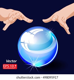 Magic sphere Crystal glass Ball with hands, isolated on blue background, mystic magic symbol,  Halloween concept vector illustration