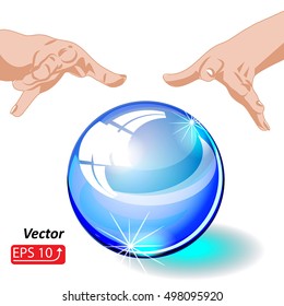 Magic sphere Crystal glass Ball with hands, isolated on white background, mystic magic symbol,  Halloween concept vector illustration