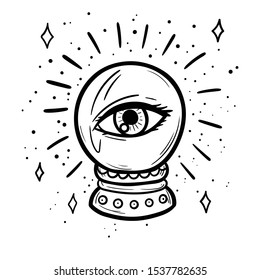Magic sphere with eye t-shirt design. Magic ball tattoo art. Symbol of prediction of destiny, magic, mysticism