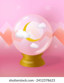 Magic sphere with the moon and clouds on the background of pink mountains. Magic ball with the moon.