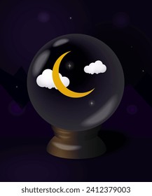 Magic sphere with moon and clouds on night background. Magic ball with the moon.