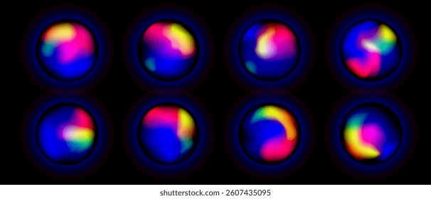 Magic sphere orb energy balls glowing neon glow on black background set, Vector illustration fluid energy gradient ball.