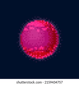 Magic sphere pixel art pink planet outer space globe isolated on black. Vector fantasy alien world of cartoon 8 bit game universe. Galaxy satellite, unreal imaginary planet, pixelated ball in cosmos