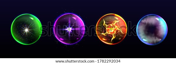 Magic spheres, crystal balls of different colors\
with sparkles, glow, plasma and mystical fog inside, energy orbs,\
fantasy globes for witchcraft isolated on black background,\
Realistic 3d vector\
icons