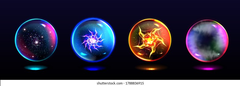 Magic spheres, crystal balls with lightning, energy burst, stars and mystical fog inside. Vector realistic set of glass globes, glowing orbs for magician and fortune teller