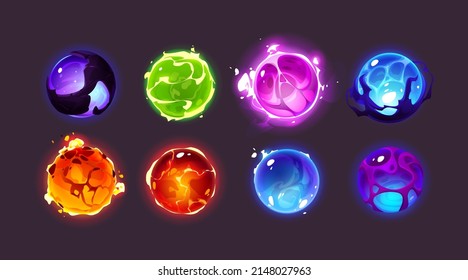 Magic spheres, energy balls with mystic glow, lightning and sparks. Vector cartoon set of color glowing orbs with light effect, liquid plasma and fire. Fantasy shiny circles for game design - Shutterstock ID 2148027963