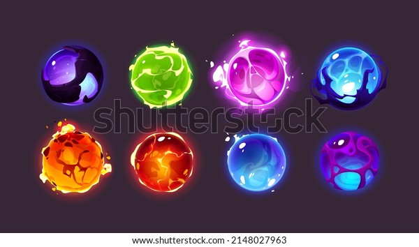 Magic spheres, energy balls with mystic glow,\
lightning and sparks. Vector cartoon set of color glowing orbs with\
light effect, liquid plasma and fire. Fantasy shiny circles for\
game design