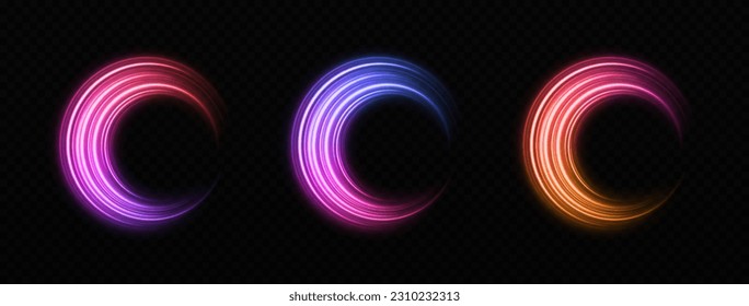 Magic spinning shiny rings. Shimmering circle rings with light effect. Sparkles rings with particles in transparent background.