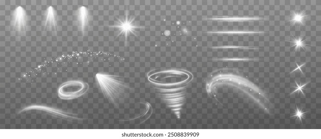 Magic spiral with sparkles.White light effect.Glitter particles with lines.Swirl effect.Texture of cold winter wind. Holiday vector snowstorm. Christmas cold snowstorm effect.Light effect.	