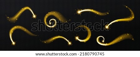 Magic spiral, twist effect with stars and sparkles. Gold swirl of wand isolated on black background. Magician spell, wizard, fairy golden light, shiny lightnings trace Realistic 3d Vector illustration