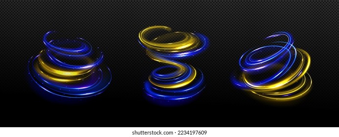 Magic spiral, wave, twist effect with blue or golden stars and flying sparkles. Swirl of wand, tornado vortex, isolated magician spell trace, wizard, fairy light, Realistic 3d Vector illustration