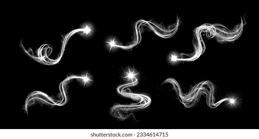 Magic spiral white light glow effect vortex wave vector. Wind swirl and curve line shine with energy sparkle, flare and star dust. Abstract mist funnel illuminated. Flying power smoke trail motion