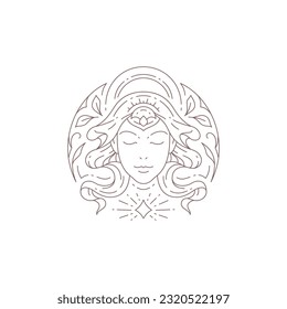 Magic spiritual beauty woman portrait with star and floral ornate line minimal logo for makeup skin care vector illustration. Sacred mystic female head glamour silhouette meditation spa cosmetology