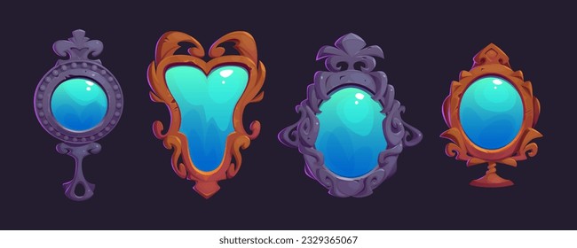 Espléndida princesa mágica vintage marco espejo dibujos animados ilustración de halloween. Juego de iconos detallado de juegos escalofriantes para brujería. Clipart aislado de madera y piedra con colección de cosas mago malvadas