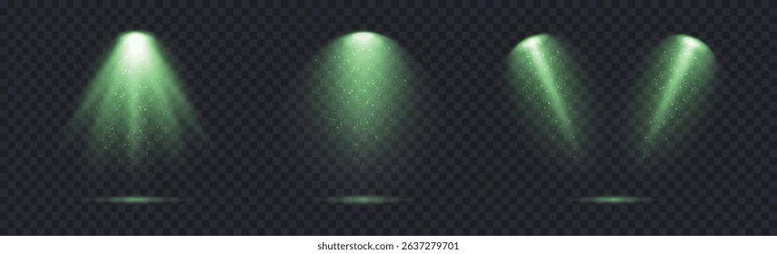 Magic spotlight with green glow and sparkle glitter isolated on dark background with reflection on floor. Realistic soft concert light sources on png. Green projector scene with rays and particles.