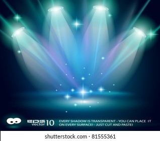 Magic Spotlights with Blue rays and glowing effect for people or product advertising. Every lights and shadow are transparent.