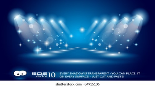 Magic Spotlights with Blue rays and glowing effect for people or product advertising. Every lights and shadow are transparent.