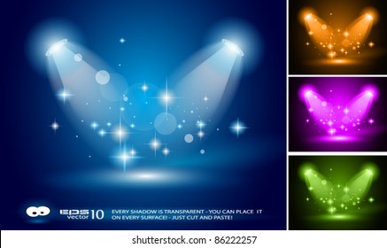 Magic Spotlights with Blue rays and glowing effect for people or product advertising. 3 other colours included. Every lights and shadow are transparent.