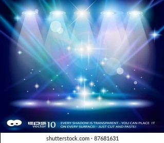 Magic Spotlights con rayos azules y efecto brillante para personas o publicidad de productos. Todas las luces y sombras son transparentes.