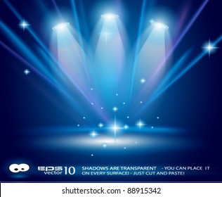 Magic Spotlights with Blue rays and glowing effect for people or product advertising. Every lights and shadow are transparent.