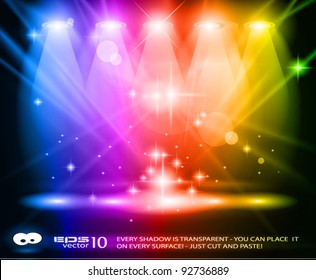 Magic Spotlights with Rainbow rays and glowing effect for people or product advertising. Every lights and shadows are transparent.