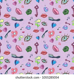 Magic spring breezy happy seamless pattern with lips, eyes, diamonds and flowers for printing on paper, covers, clothes, cloth, bags, notebooks and shoes