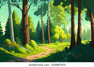 Magic spring forest with flowers illustration
