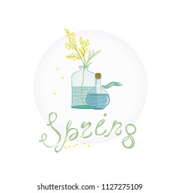 Magic spring. Still life with bouquet of Mimosa in bottle and magic potion. Spring mood illustration. Hand drawn. Flat style vector.
