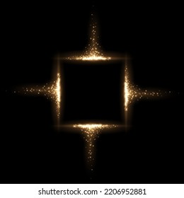 Magic square frame with falling spray of gold dust tail vector illustration. 3d bright realistic particles with shiny light effect spraying from side of square luxury banner on black background