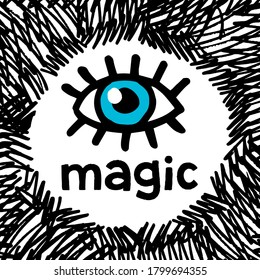 Magia. Cartel de estilo doodle dibujado a mano de tamaño cuadrado.