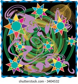 Magic square tile of stars and swirls in this grunge style vector illustration.